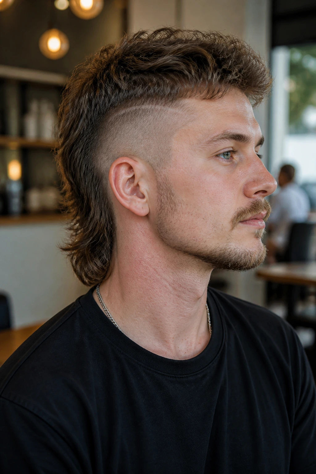 Close-up portrait of a real person with a disconnected undercut mullet in a modern cafe