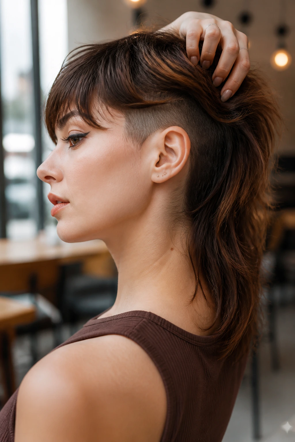 Close-up of a real woman's hairstyle showing a hidden undercut beneath layered top in a mullet.