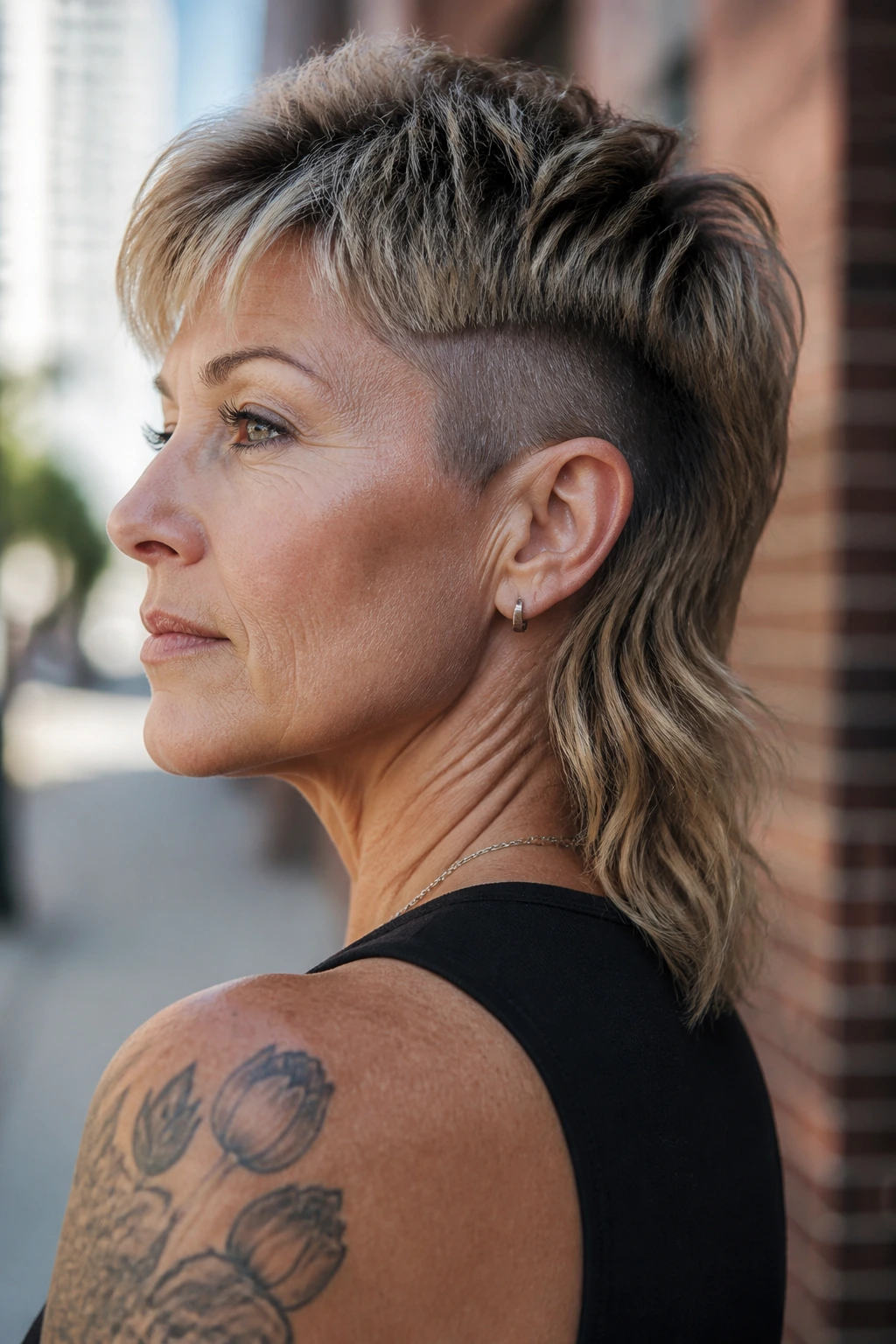 Portrait of a real woman with an undercut mullet lite in an urban outdoor setting