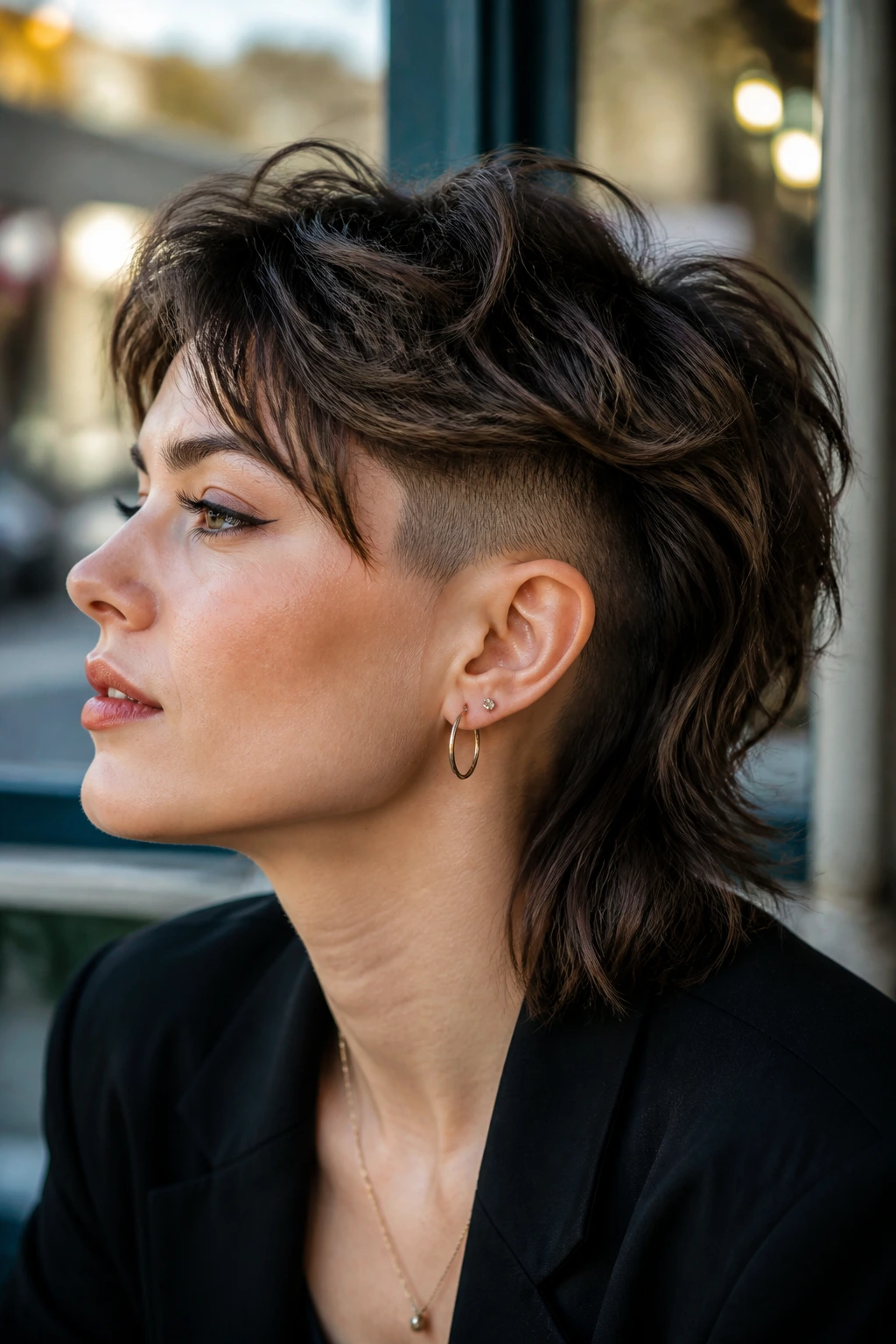 Portrait of a real woman showing an undercut mullet with a shaved underlayer
