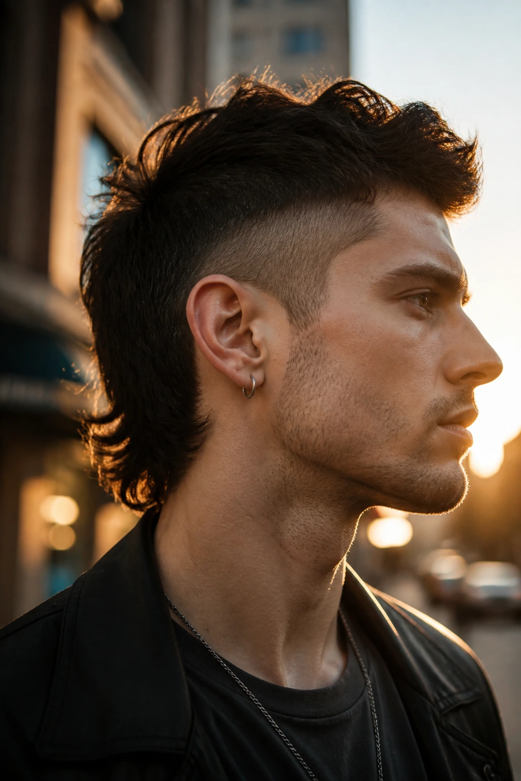 Close-up of a real person with an undercut mullet and a bold crown in warm streetlight.