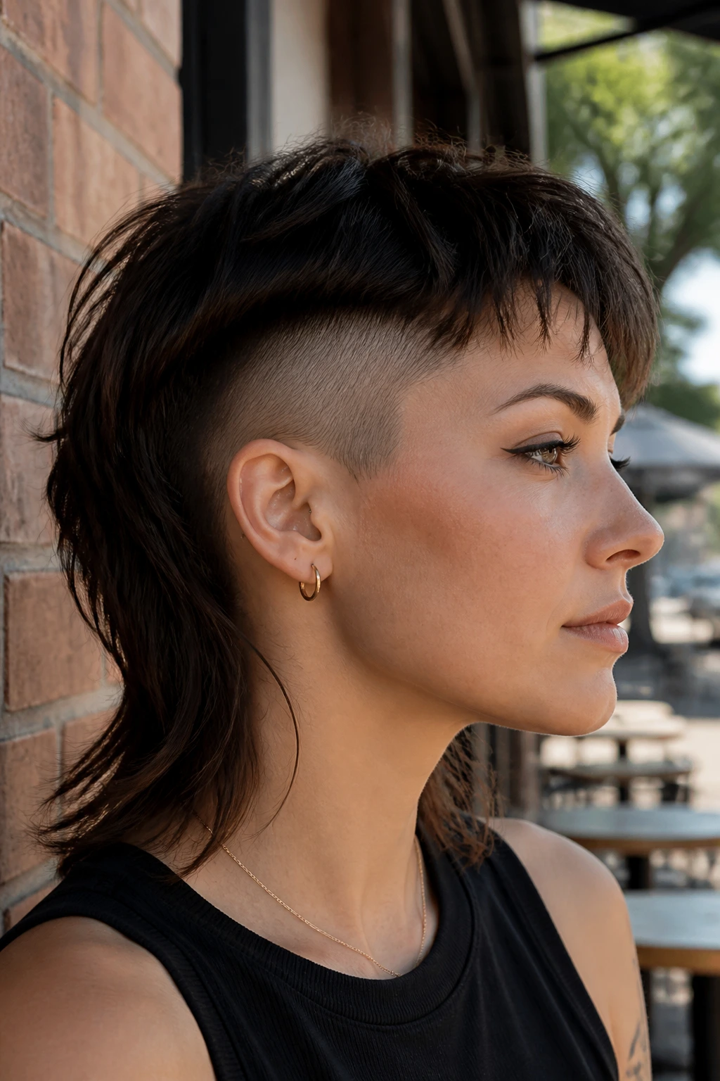 Close-up portrait of a real woman with an undercut mullet, shaved sides and long top in urban light