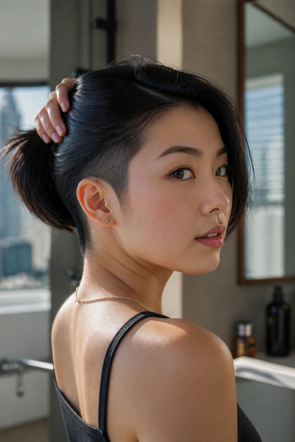 Close-up portrait of Asian woman showing nape undercut beneath long top