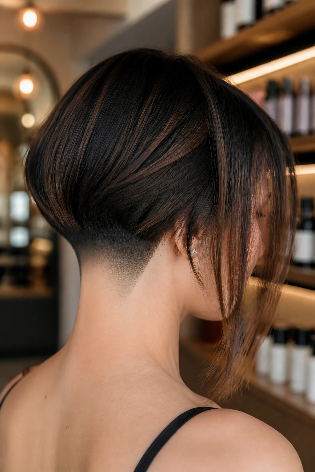 Close-up of a real woman with a nape undercut and asymmetrical bob in warm salon lighting