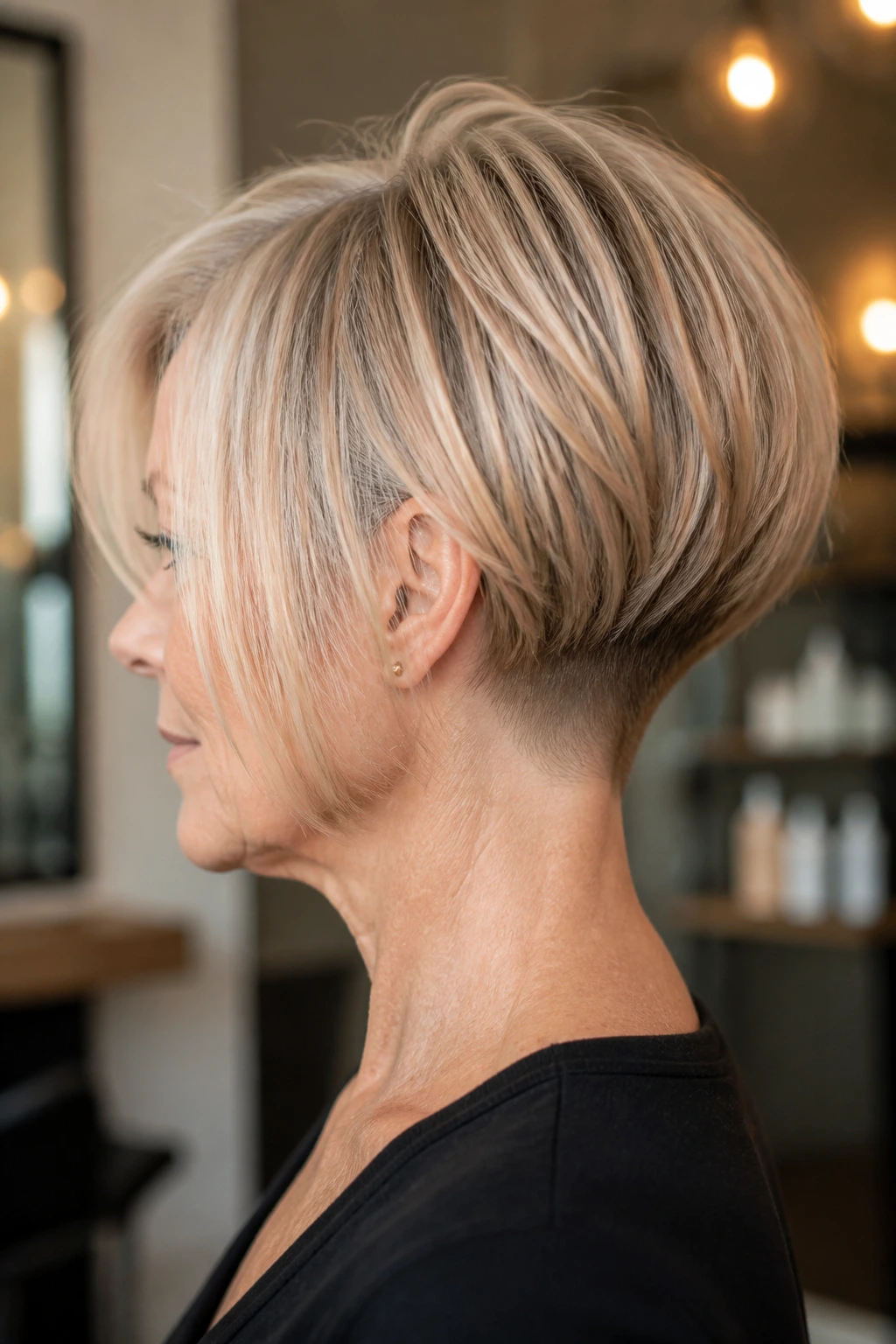 Side-profile of a real woman with an undercut at the nape and a blunt bob silhouette in a salon setting