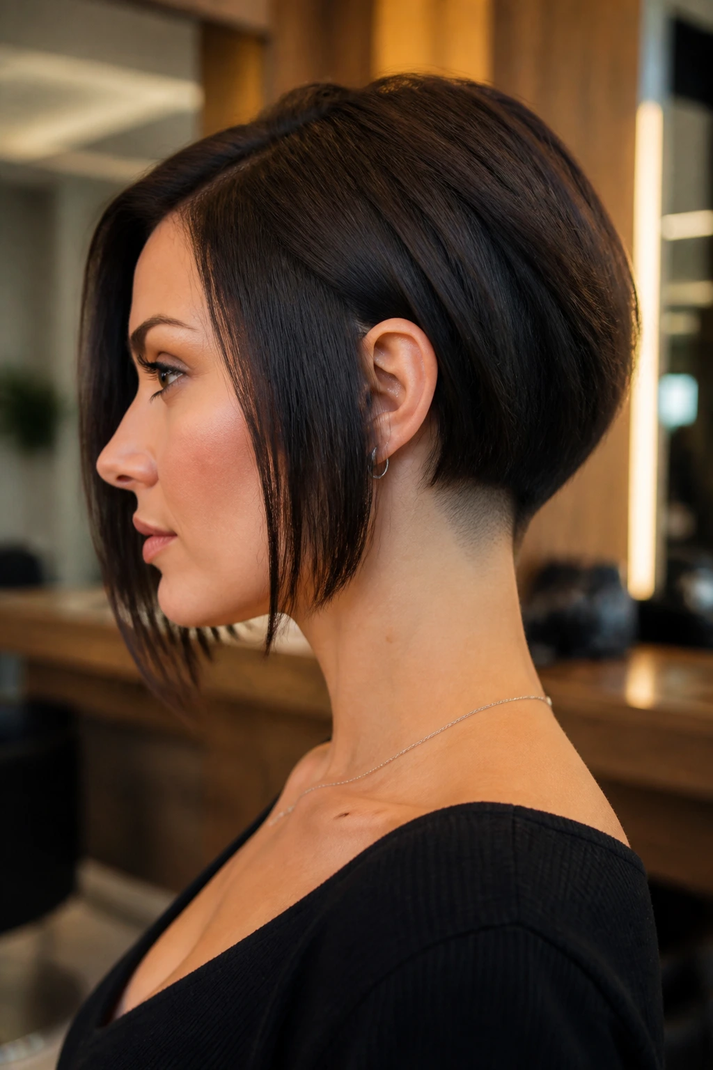 Close-up portrait of a real woman with an asymmetrical bob and a visible undercut at the nape