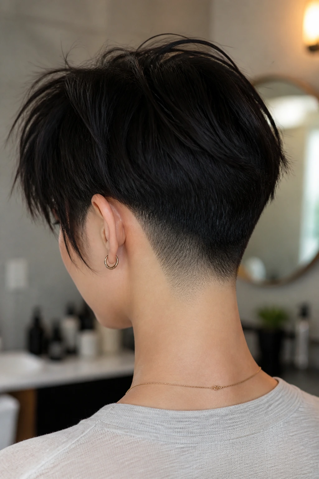 Close-up back view of an Asian woman's head showing a crisp undercut at the nape.