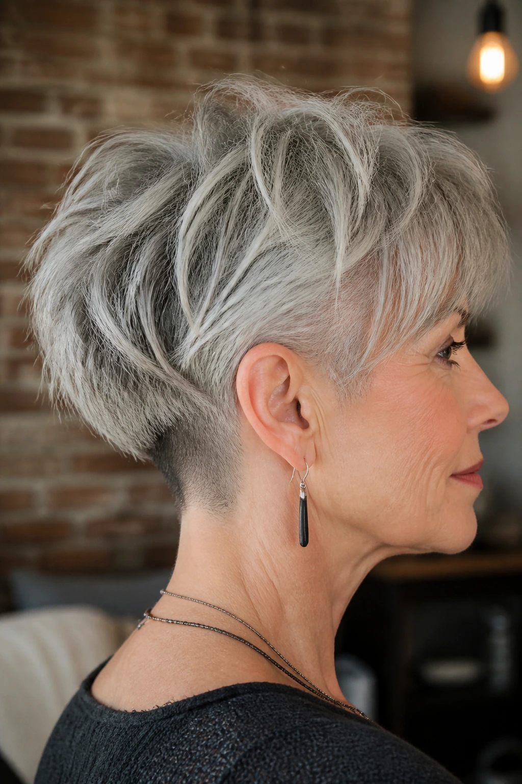 Portrait of an older woman with an undercut nape shag, shown from side to reveal the cut.