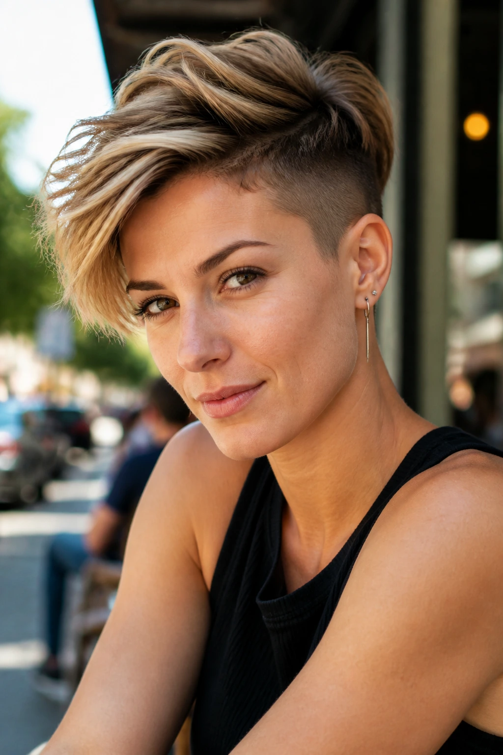 Close-up of person with undercut long pixie hairstyle
