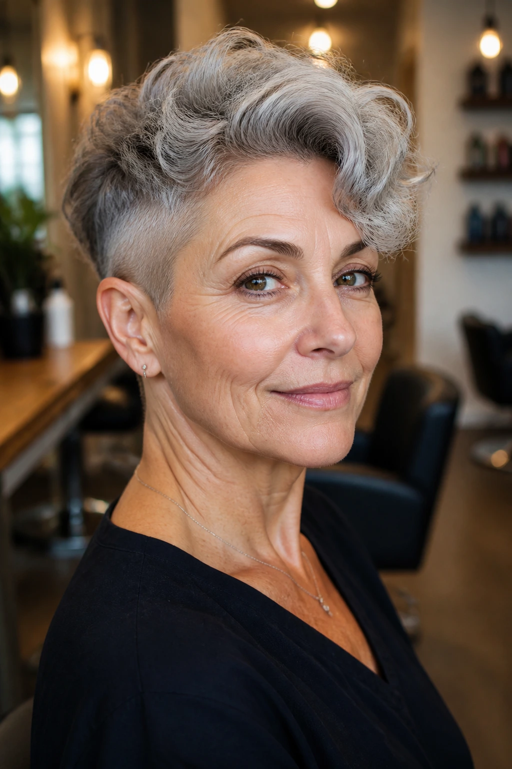 Close-up of a real woman with an undercut pixie and airy top in warm salon lighting
