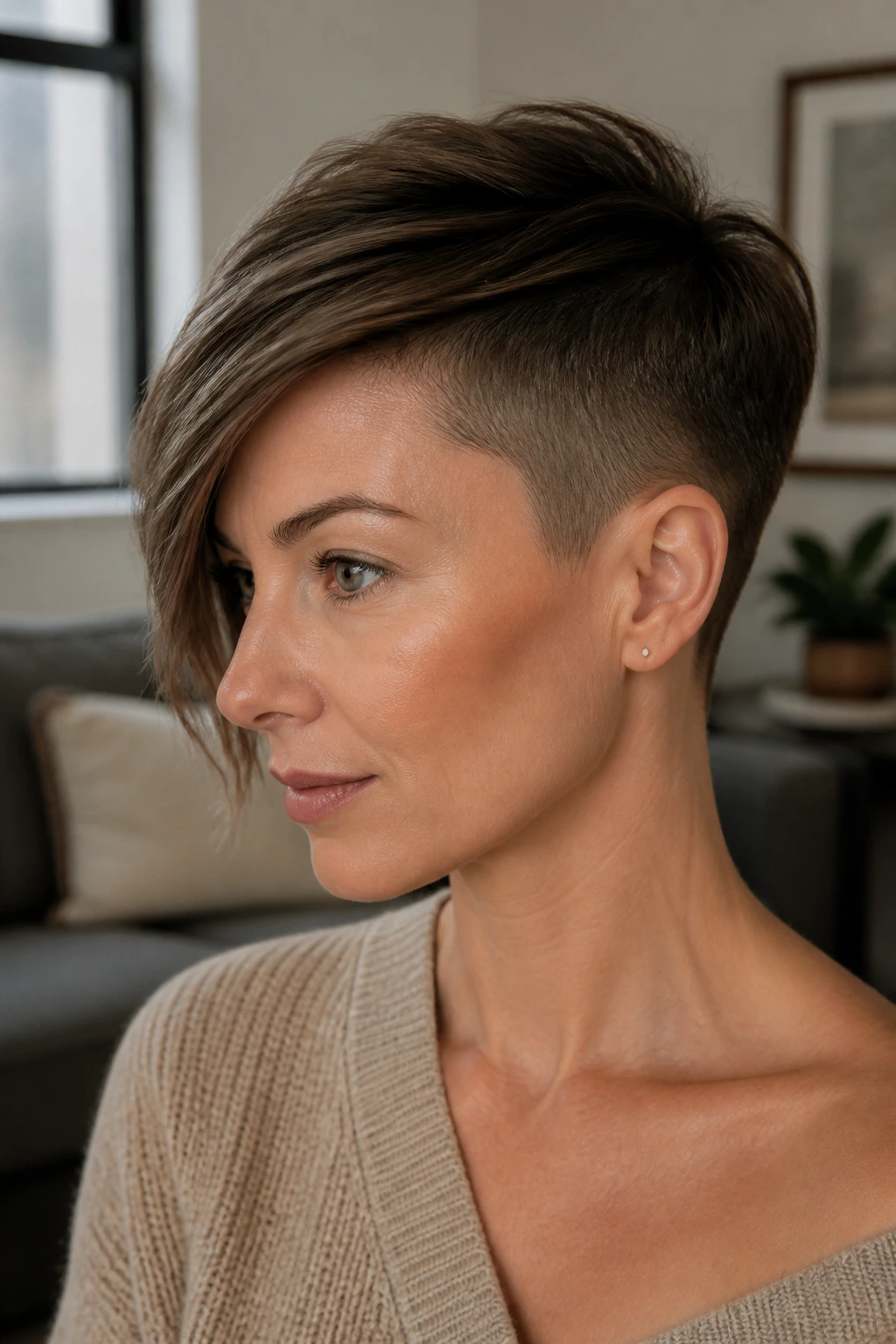 Three-quarter view of a real woman with an undercut asymmetrical pixie and diagonal top