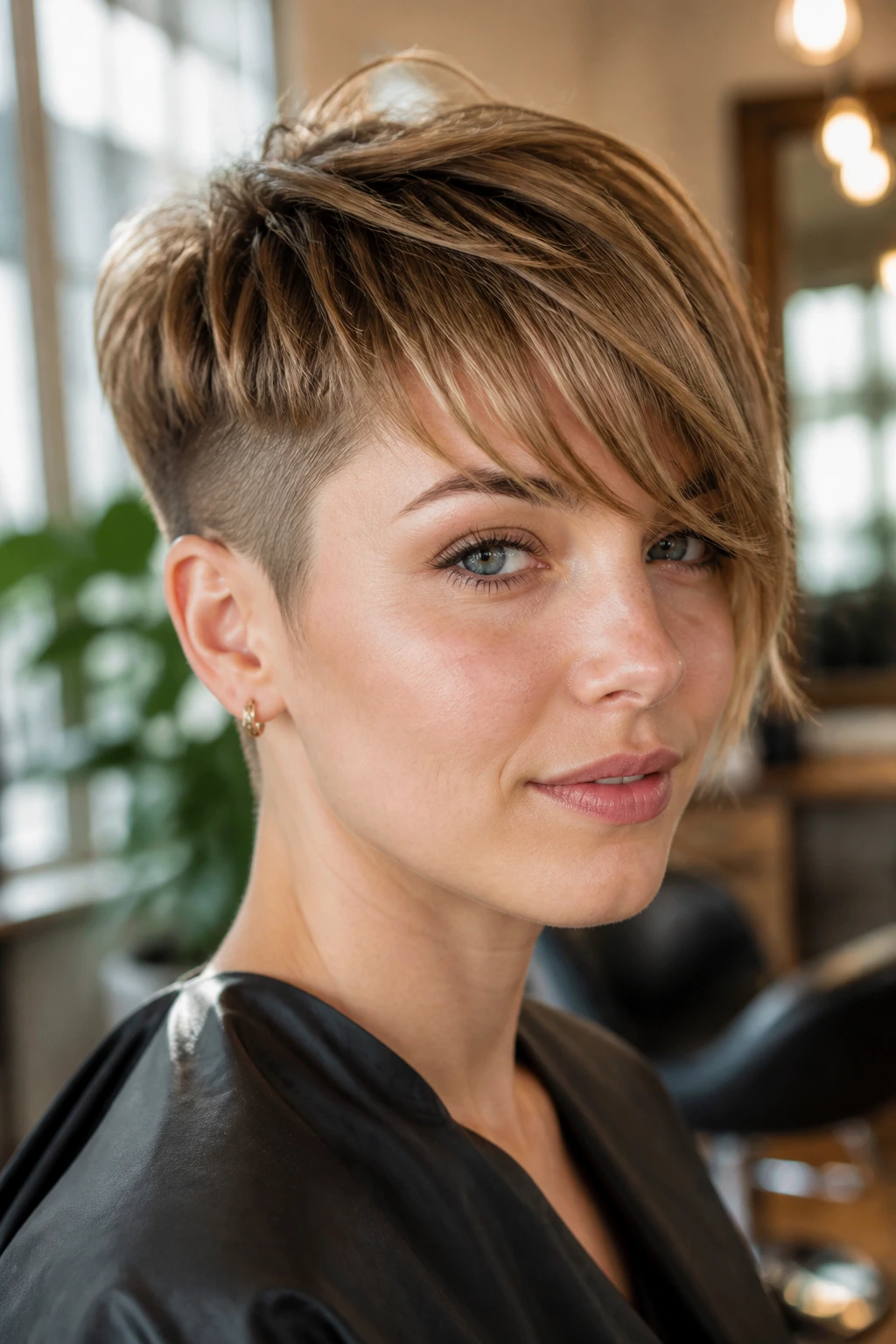 Close-up portrait of a real person with an undercut pixie and longer front bangs.