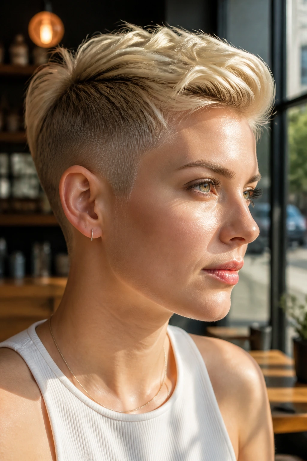 Close-up of a real person with an undercut blonde pixie and longer top.