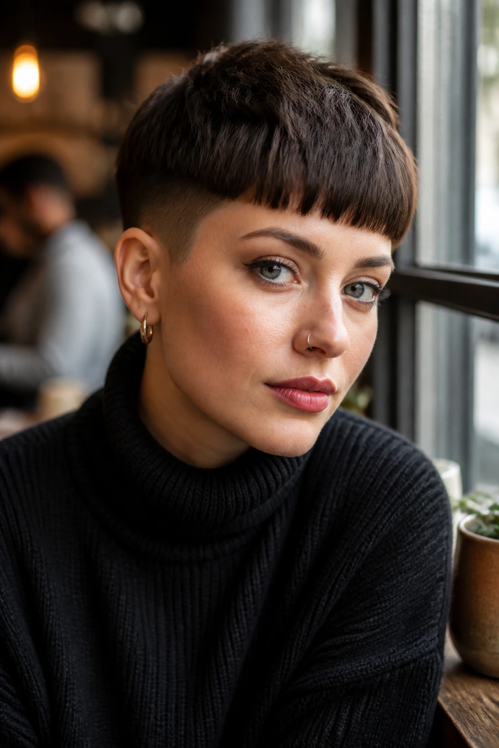 Close-up portrait of a real person with undercut pixie and blunt bangs