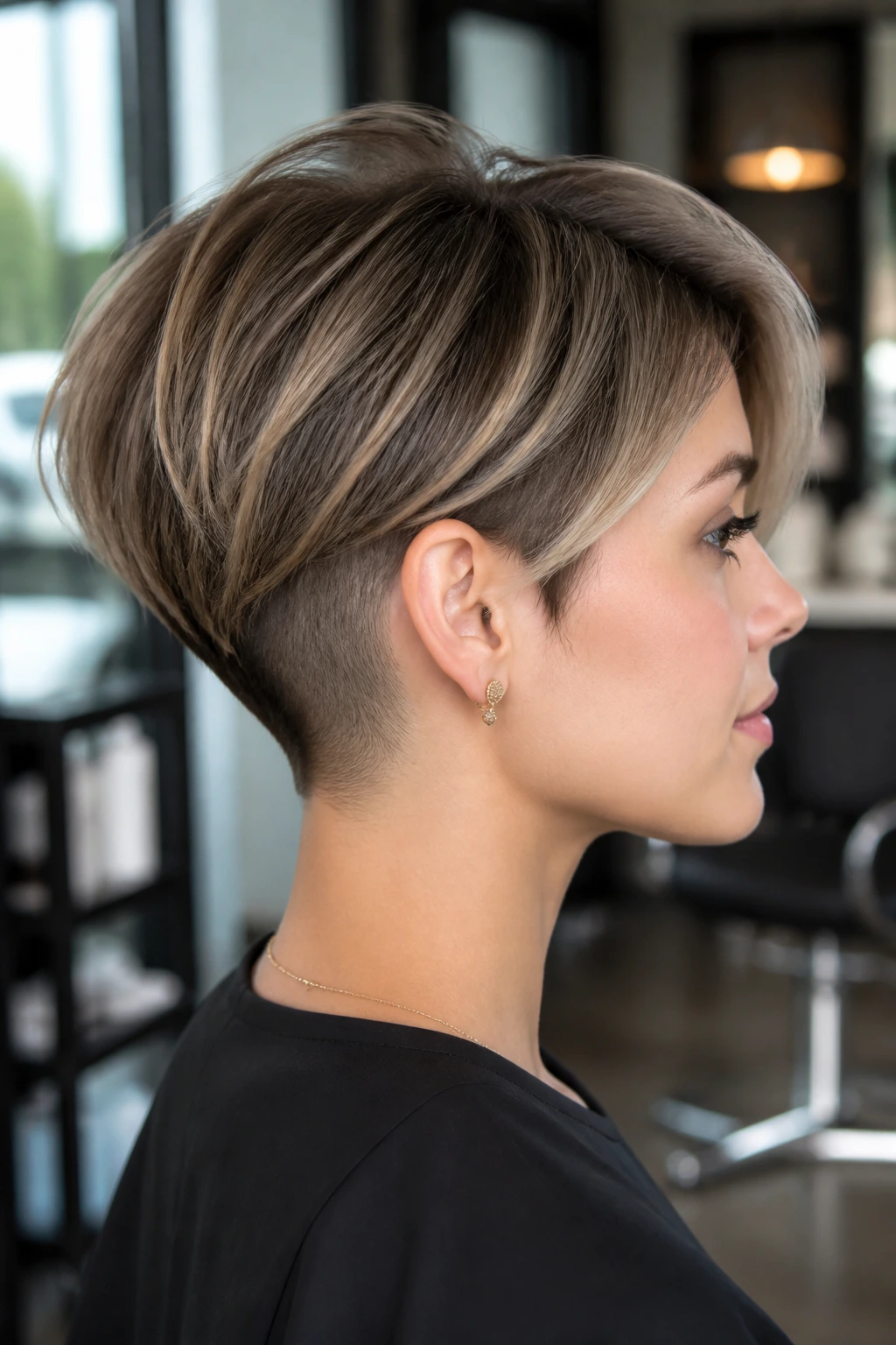 Profile shot of real woman with undercut pixie bob in a modern salon