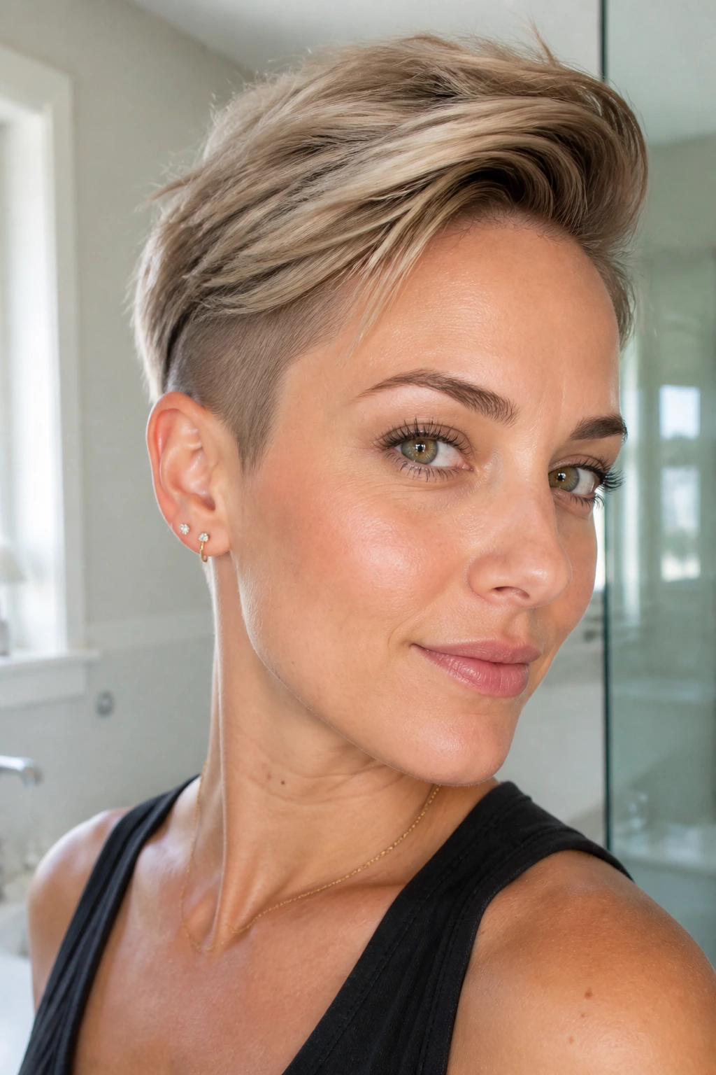 Portrait of a real woman with undercut pixie bob and long crown.