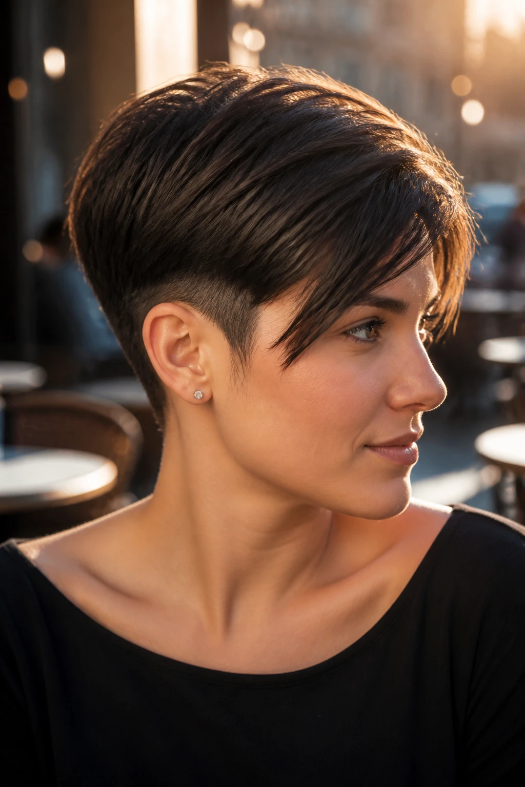 Real woman with undercut pixie bob in outdoor golden-hour light