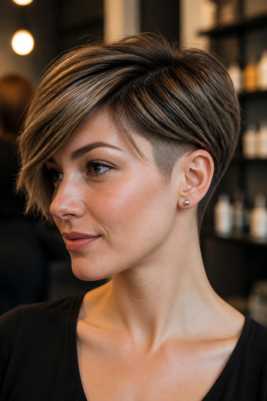 Close-up portrait of a person with an undercut pixie-bob hairstyle.
