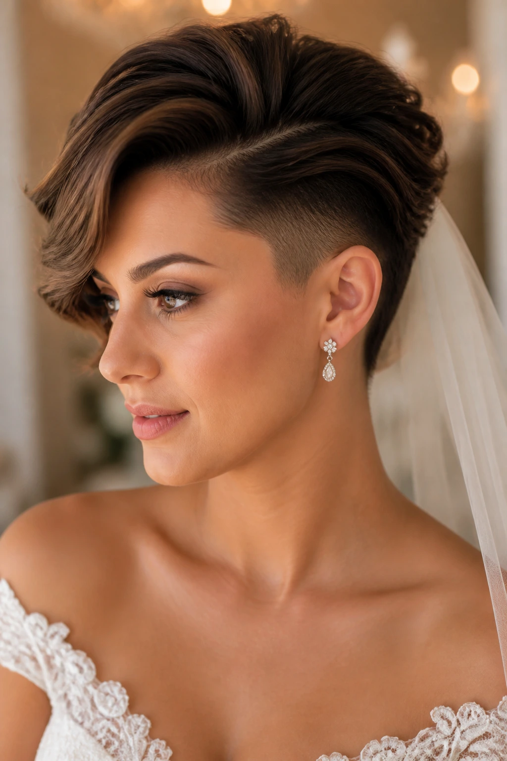Real bride with side-swept undercut pixie, elegant bridal look.