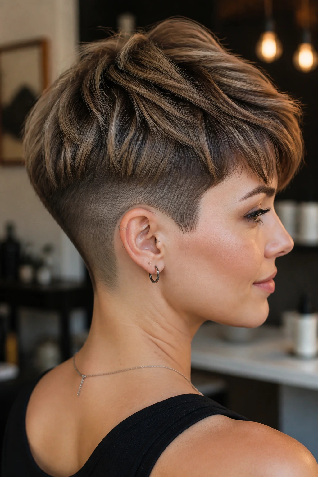 Real person with an undercut pixie showing a hidden bulk-removing undercut