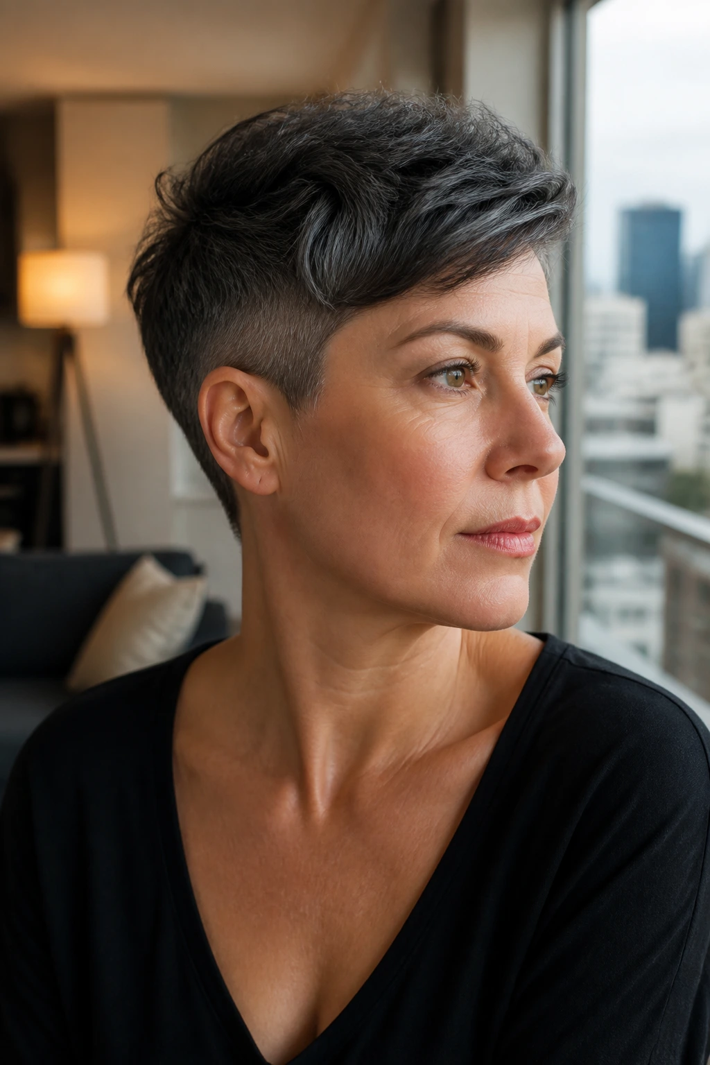 Close-up portrait of a person with an undercut charcoal pixie in warm indoor light.