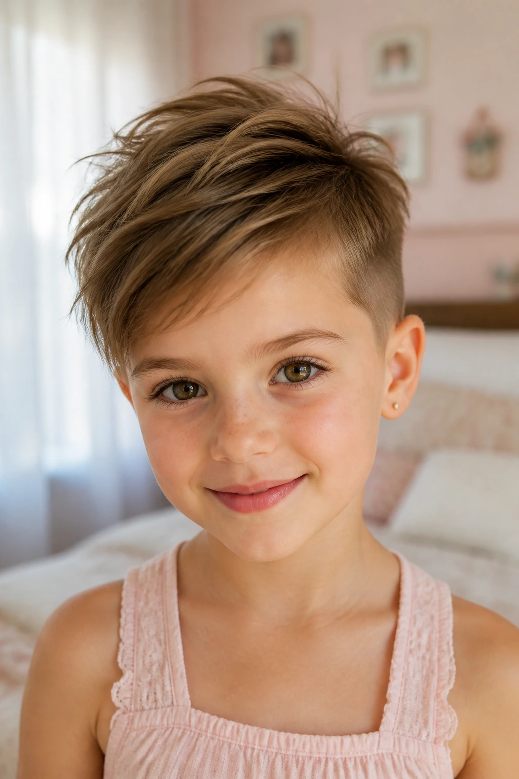 Close-up of a young girl with a soft undercut pixie and lifted crown.