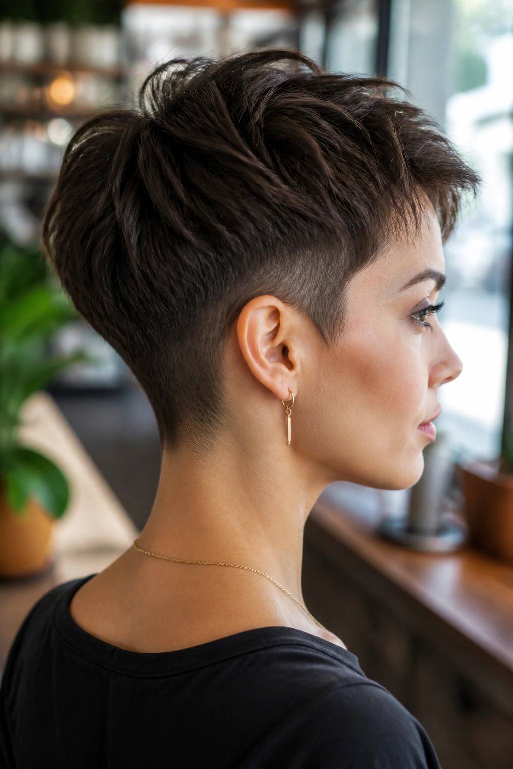Close-up of a real person with an undercut pixie and clean sides