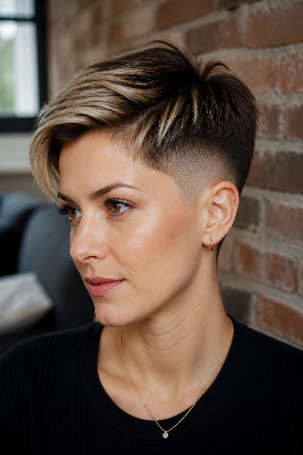 Close-up portrait of a real person with an undercut pixie showing clean sides