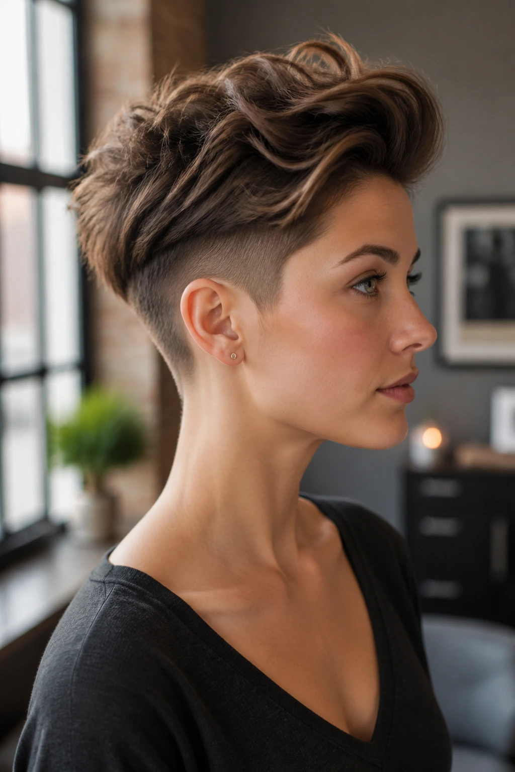 Close-up portrait of a real person with an undercut pixie and crown volume