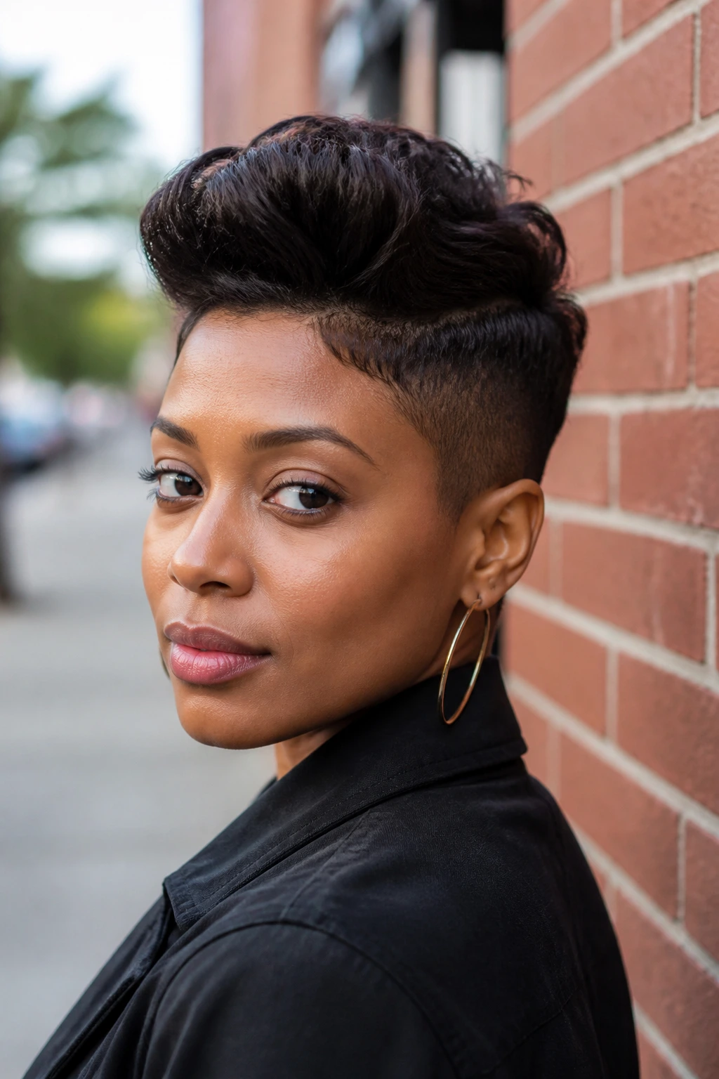 Close-up of a Black woman with an undercut pixie and lifted crown outdoors