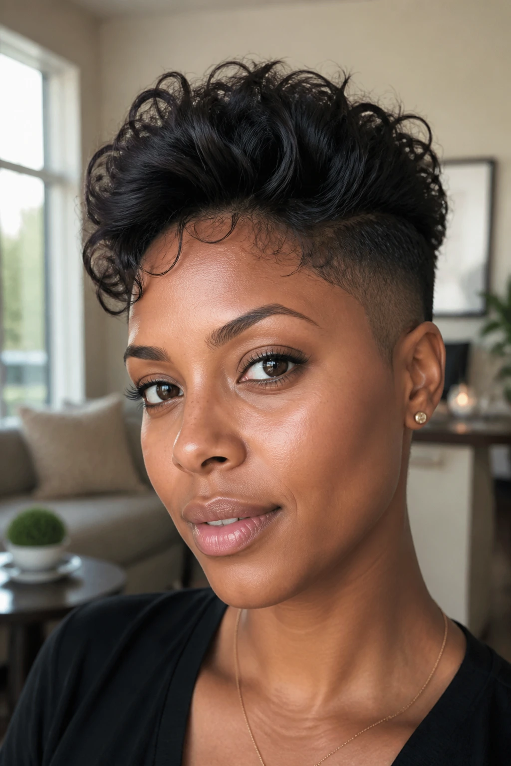 Close-up of a real woman with an undercut pixie and crown volume.