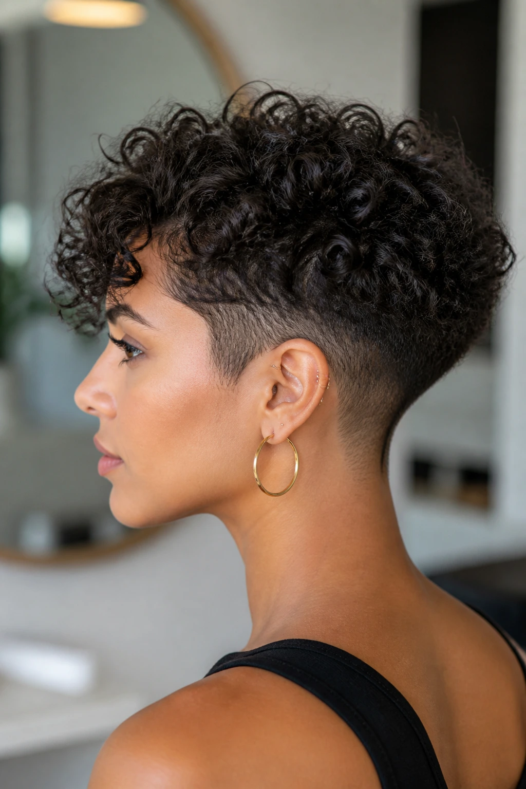 Close-up portrait of a real person with an undercut pixie on dense 3a hair.