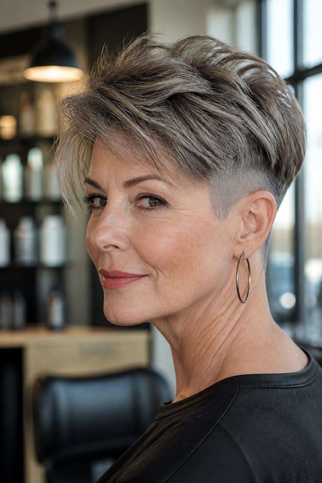 Portrait of a real woman with an undercut pixie showing the hidden nape under longer top hair.