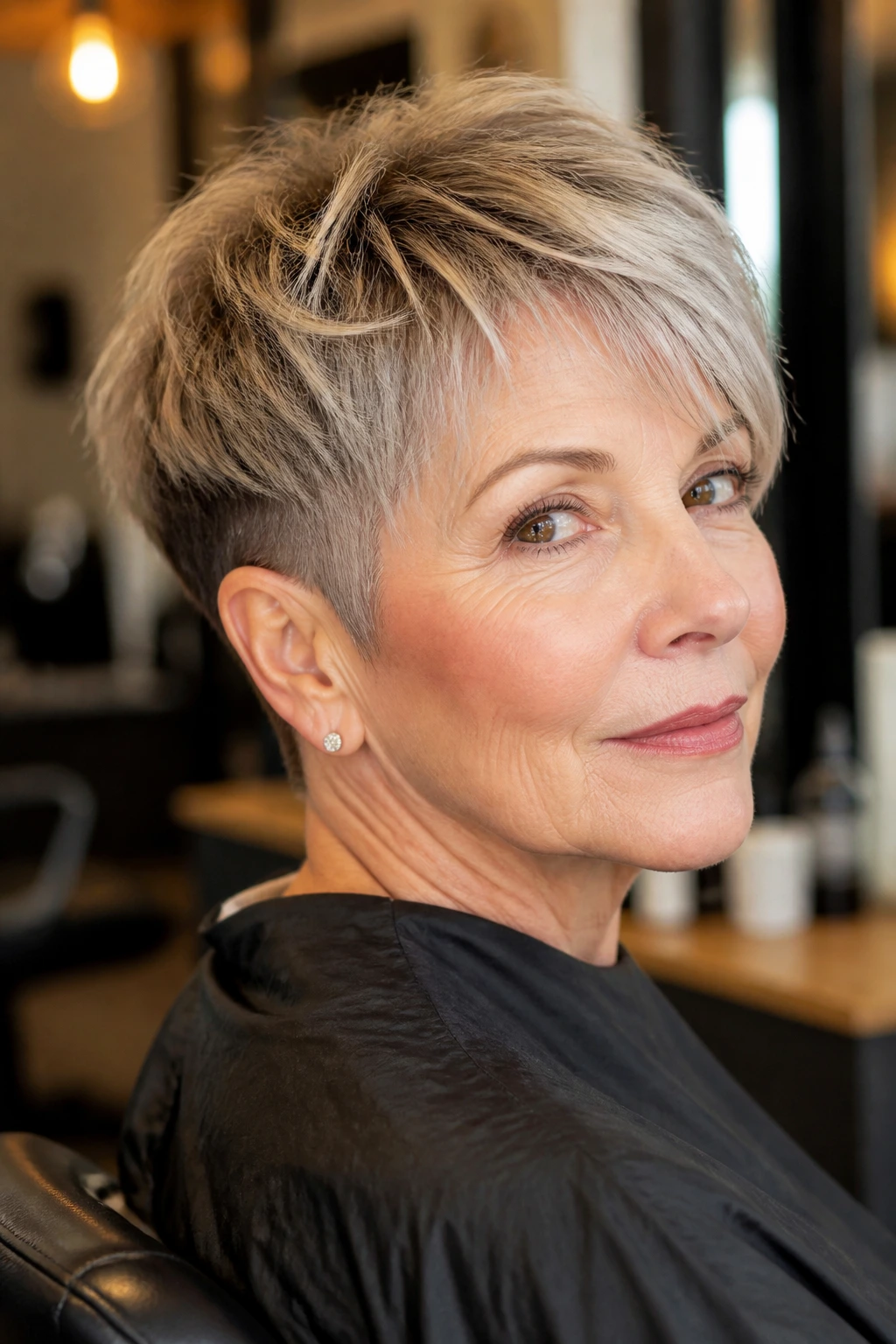 Close-up portrait of a woman with a soft undercut pixie and feathered top.