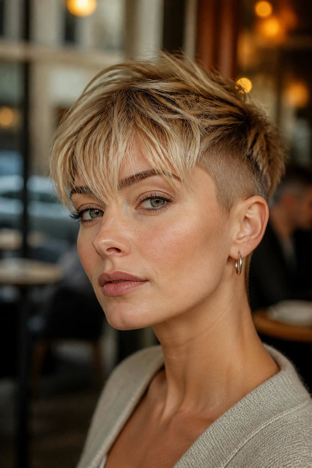Portrait of a woman with an undercut pixie and floating bangs in warm urban light