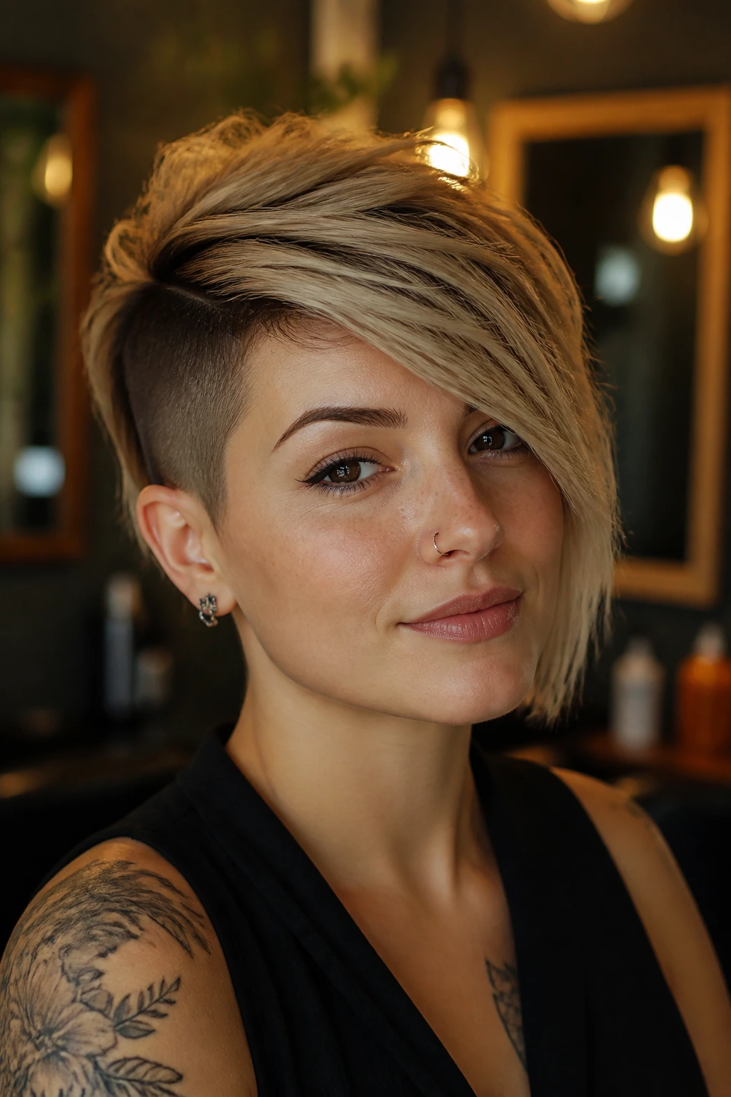 Close-up of a woman with an undercut pixie and sweeping fringe.