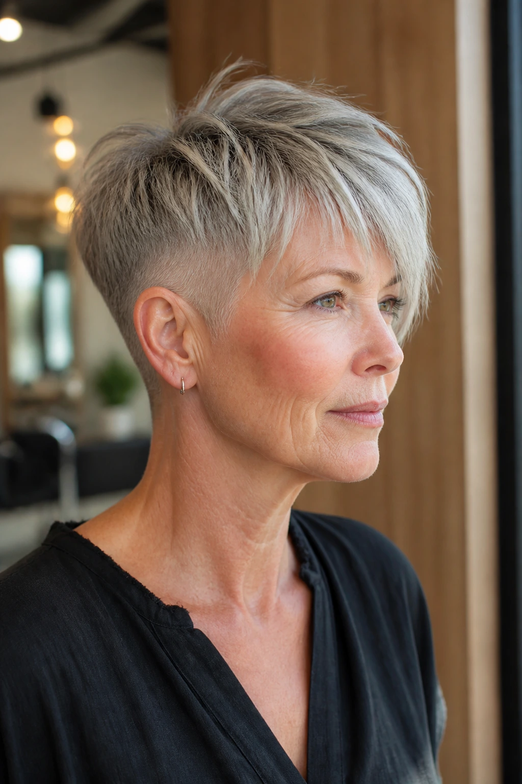 Close-up portrait of a real woman with an undercut pixie and long fringe in a chic salon