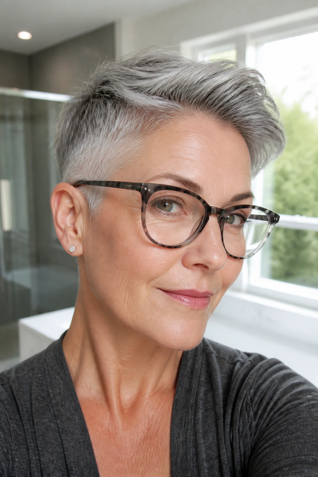 Close-up of a real woman with an undercut pixie and glasses.