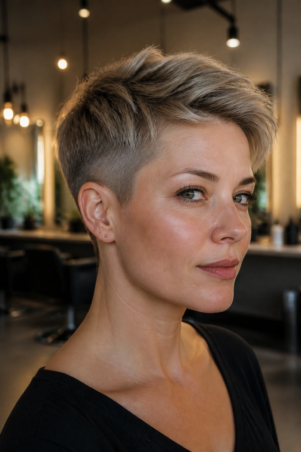 Close-up of a real woman with an undercut pixie, low nape and blended sides
