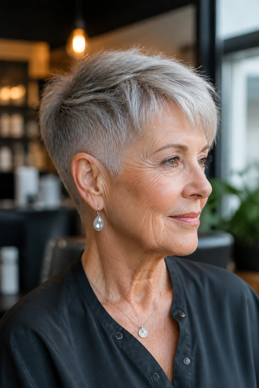 Profile of a real woman with an undercut pixie showing short sides and longer top