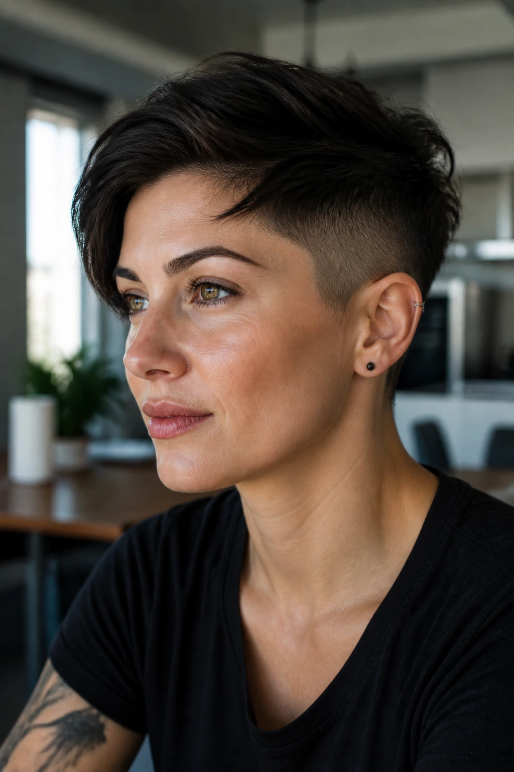 Close-up of a real person with an undercut pixie hairstyle