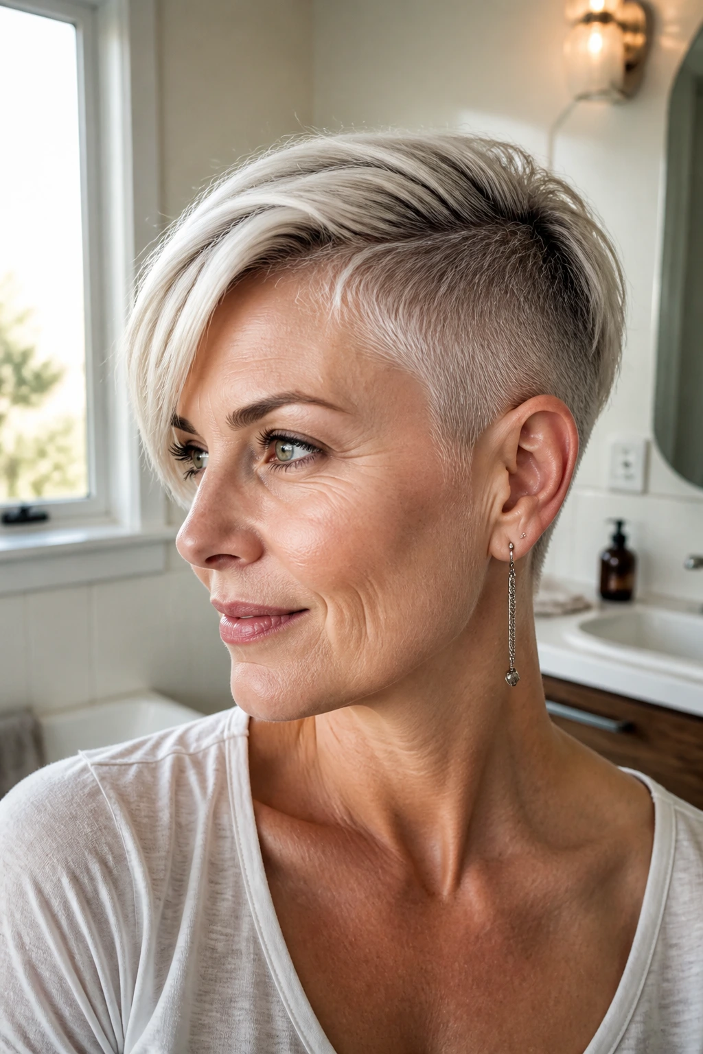 Close-up of a real woman with Sleek Undercut Pixie hairstyle in natural light.