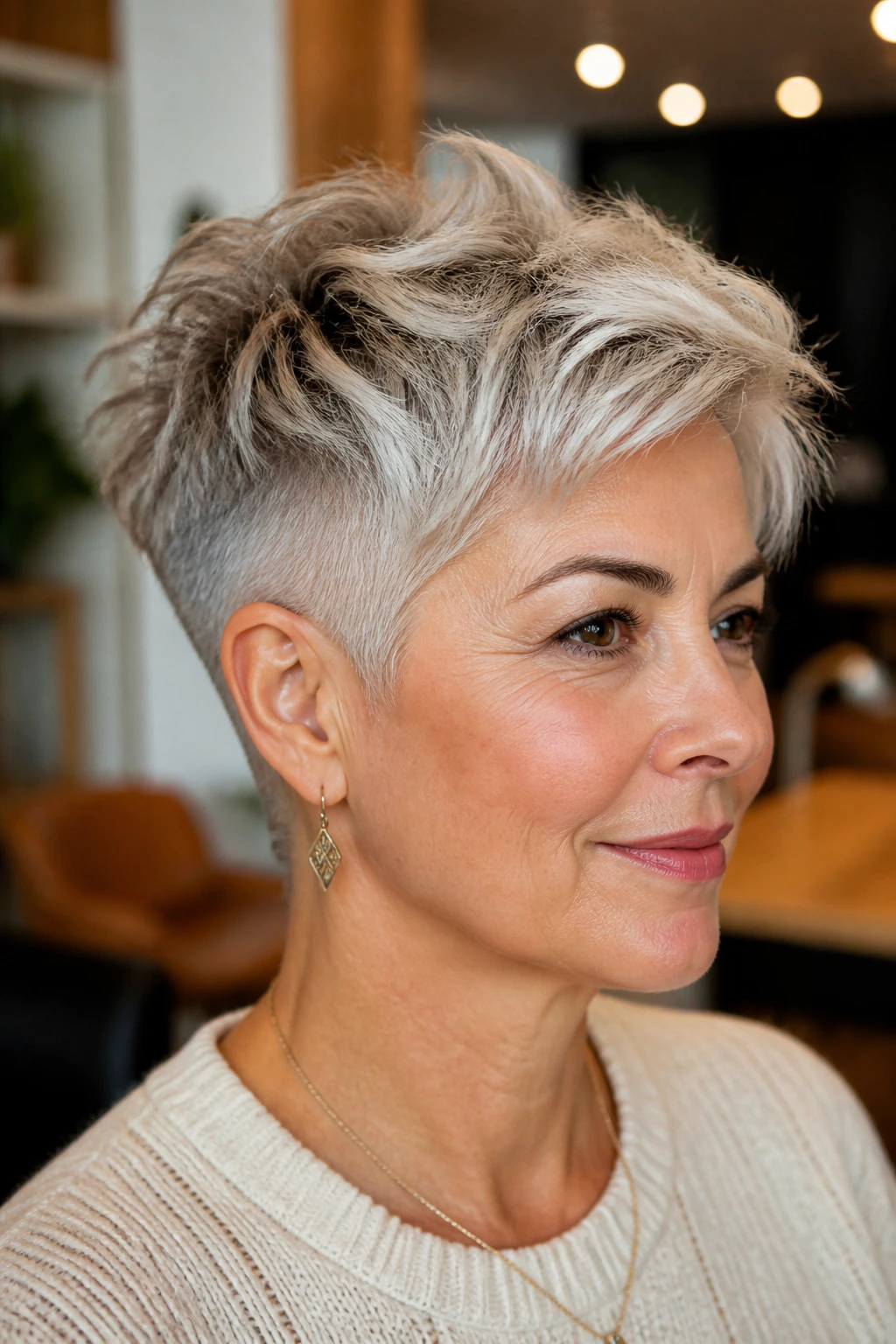 Close-up portrait of a real woman with an undercut pixie and soft top, showing tapered nape