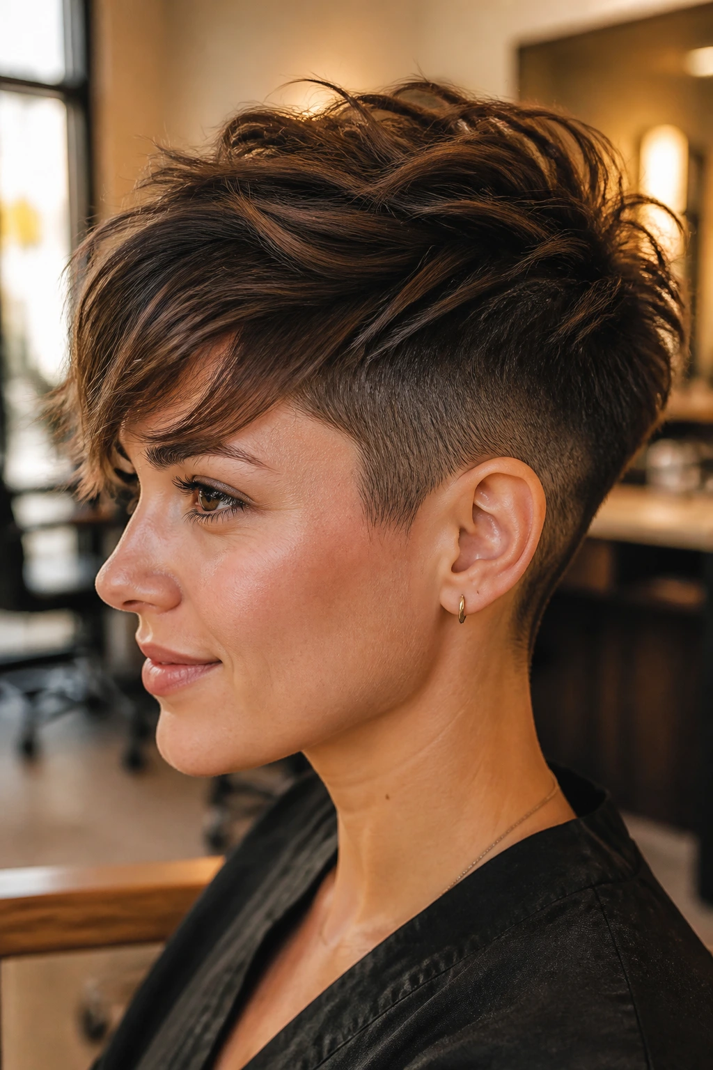 Close-up portrait of a real woman with a soft undercut pixie showing movement in the top layers in a warm salon setting