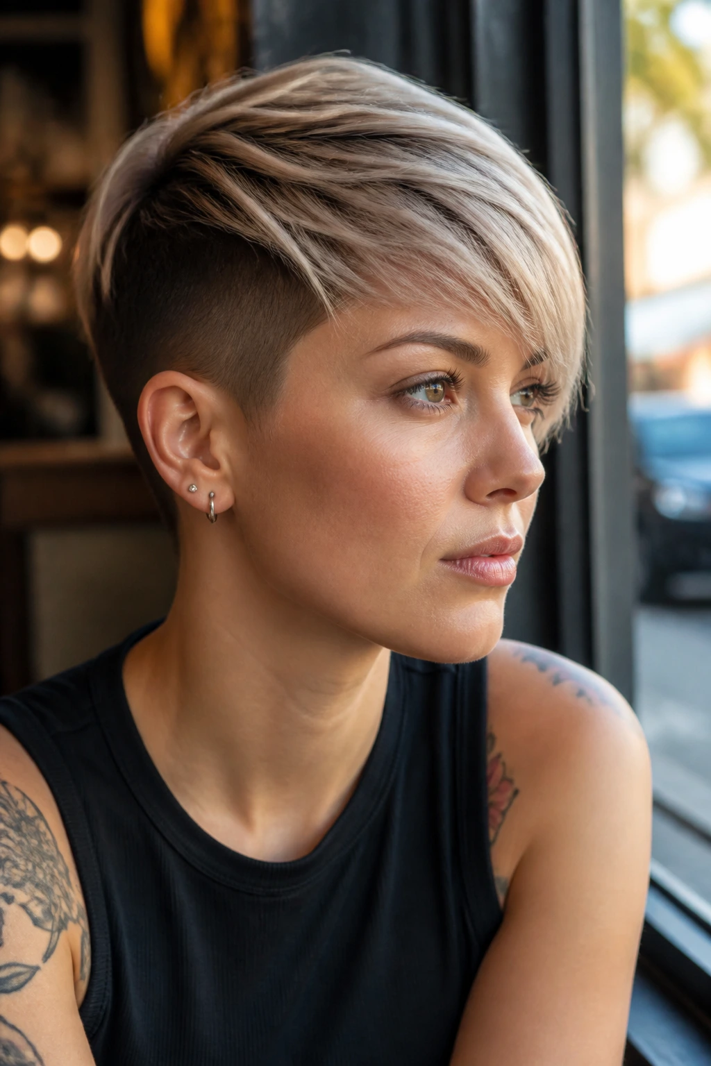 Close-up portrait of a real woman with an undercut pixie and a sleek, longer top.