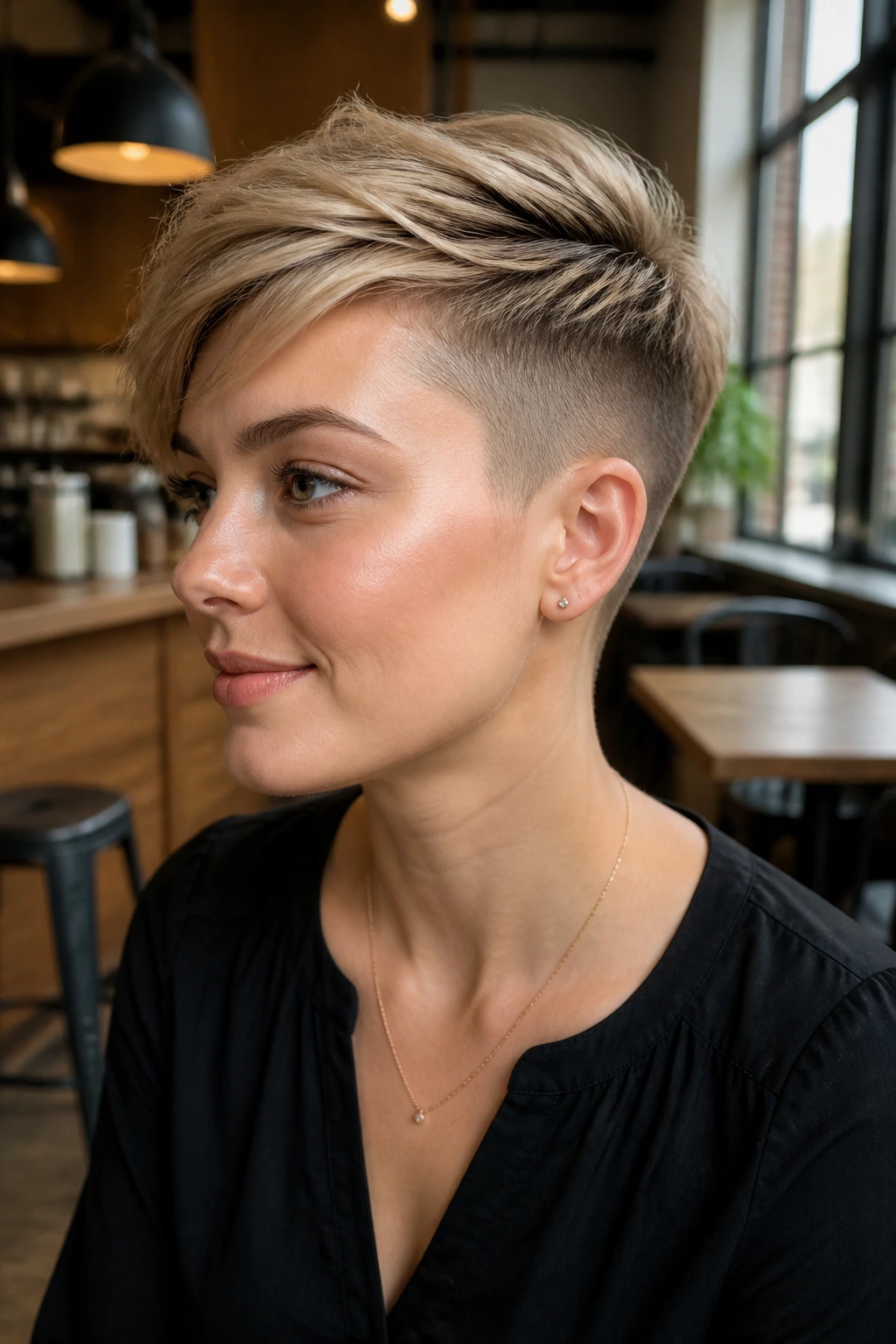 Close-up of a real woman with undercut pixie hairstyle