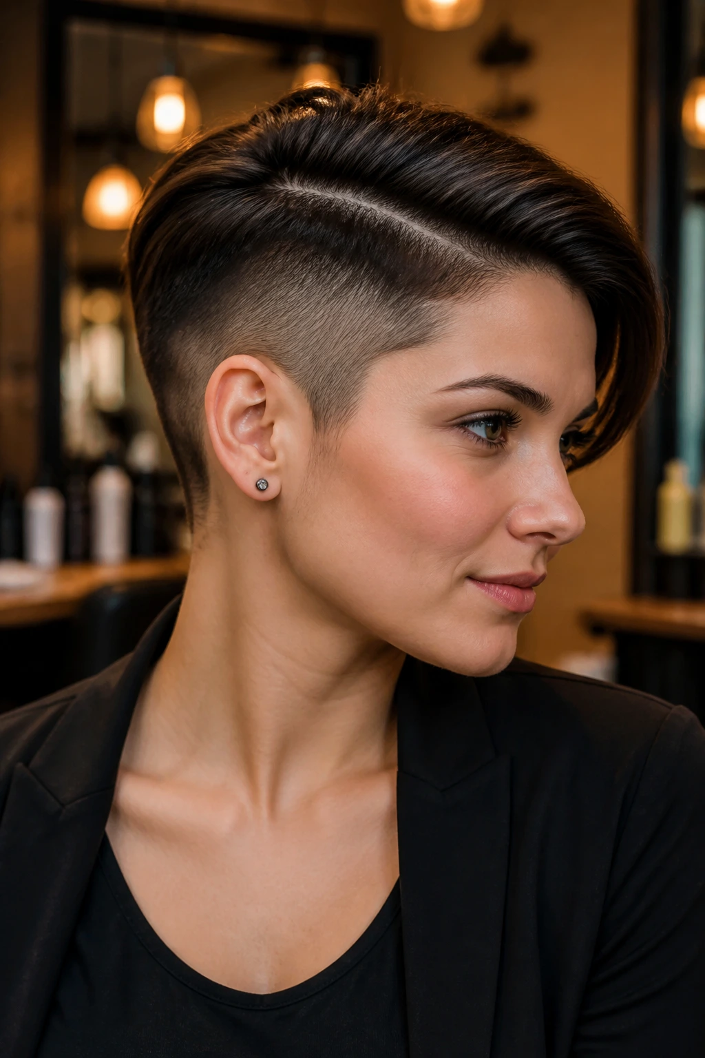 Profile portrait of a real woman with an undercut pixie hairstyle
