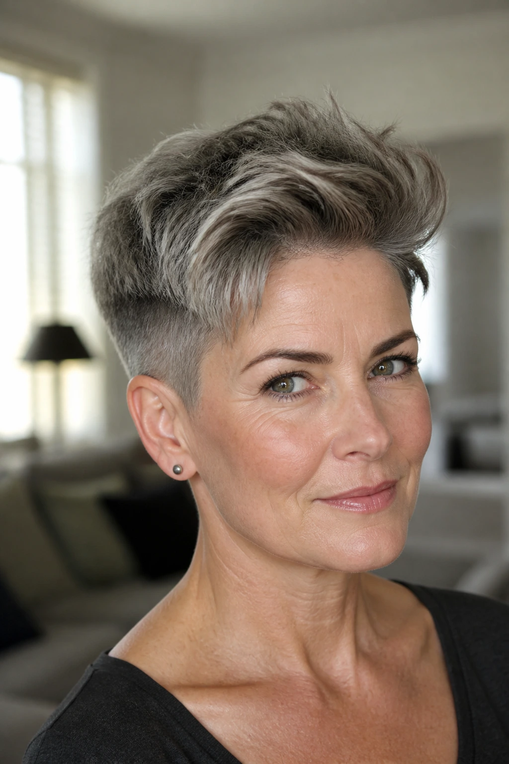 Portrait of a woman with an undercut pixie hairstyle
