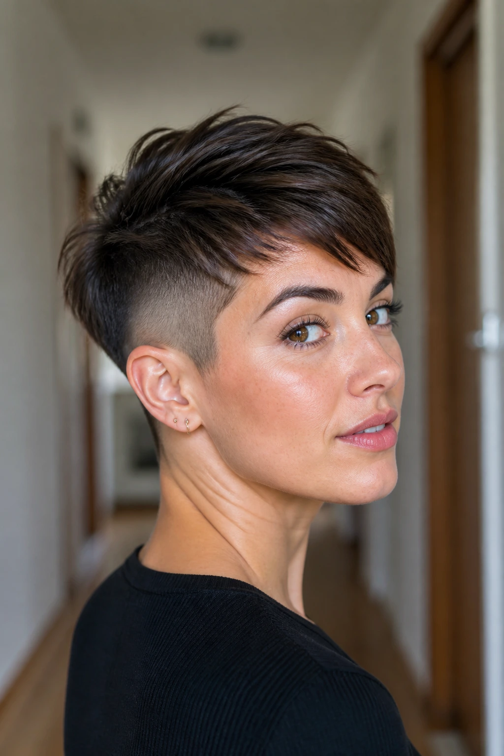 Portrait of a person with undercut pixie hairstyle showing shaved nape and sides