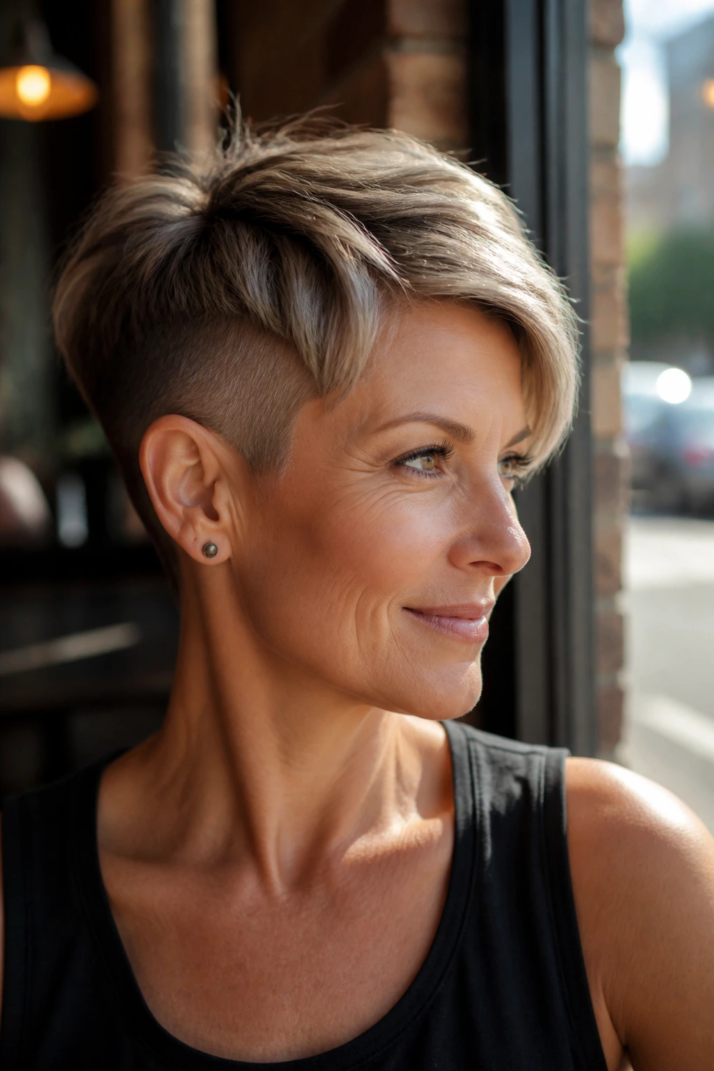 Portrait of a real woman with an undercut pixie and a longer soft top, lit by window light